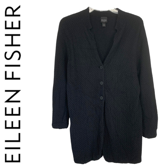 Eileen Fisher Sz PL Black Waffle Knit Sweater Jacket Minimalist Capsule Wardrobe - Picture 1 of 7